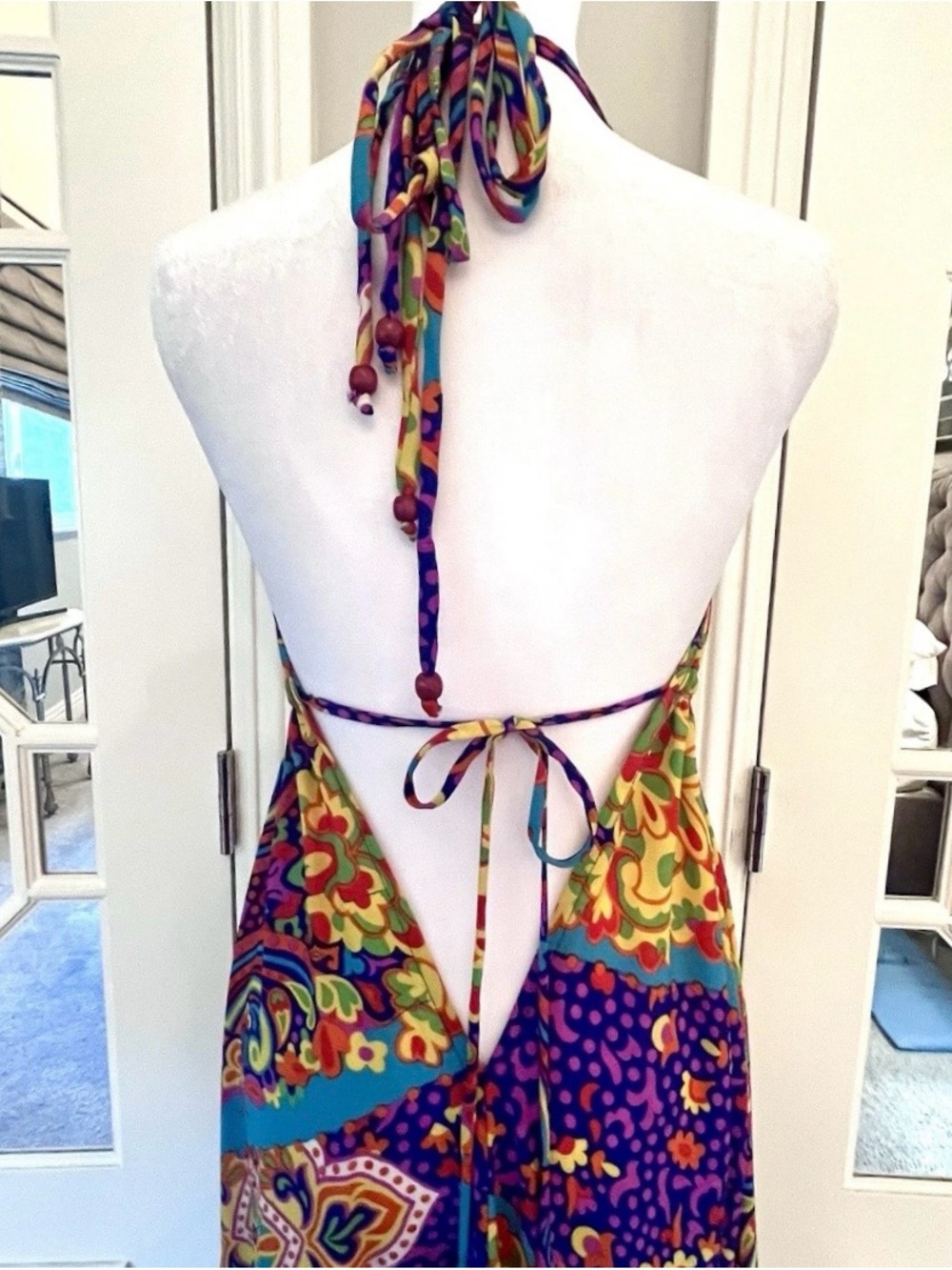 Fullah Sugah Bohemian Paisley Print Deep V-Neck Halter Dress Silk/Viscose - Sz L - Picture 7 of 10